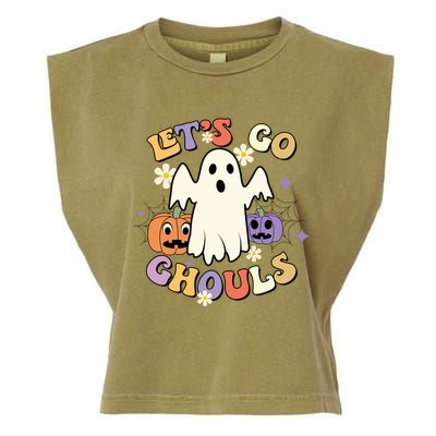 Lets Go Ghouls Halloween Groovy Style Ghost Pumpkin Gift Garment-Dyed Women's Muscle Tee