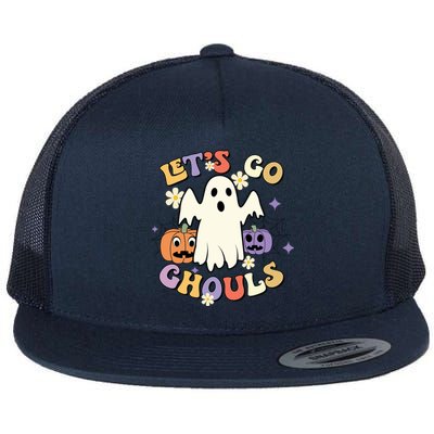 Lets Go Ghouls Halloween Groovy Style Ghost Pumpkin Gift Flat Bill Trucker Hat