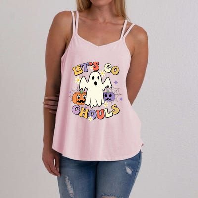 Lets Go Ghouls Halloween Groovy Style Ghost Pumpkin Gift Women's Strappy Tank