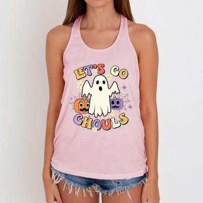 Lets Go Ghouls Halloween Groovy Style Ghost Pumpkin Gift Women's Knotted Racerback Tank