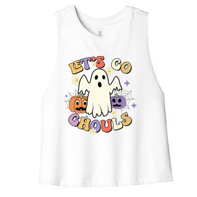 Lets Go Ghouls Halloween Groovy Style Ghost Pumpkin Gift Women's Racerback Cropped Tank