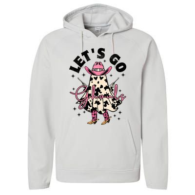 Lets Go Ghouls Halloween Spooky Cow Retro Ghost Gift Performance Fleece Hoodie