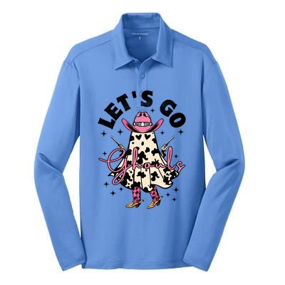 Lets Go Ghouls Halloween Spooky Cow Retro Ghost Gift Silk Touch Performance Long Sleeve Polo