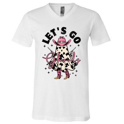 Lets Go Ghouls Halloween Spooky Cow Retro Ghost Gift V-Neck T-Shirt