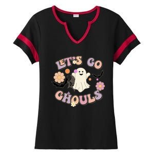 Let’S Go Ghouls Cute Ghost Graphic Groovy Halloween Costume Funny Gift Ladies Halftime Notch Neck Tee