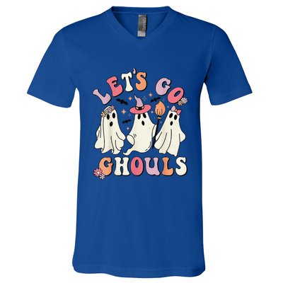 Lets Go Ghouls Halloween Ghost Outfit Costume Retro Groovy V-Neck T-Shirt