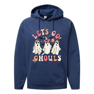 Lets Go Ghouls Halloween Ghost Outfit Costume Retro Groovy Performance Fleece Hoodie