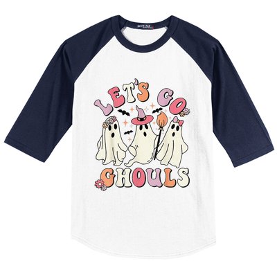 Lets Go Ghouls Halloween Ghost Outfit Costume Retro Groovy Baseball Sleeve Shirt