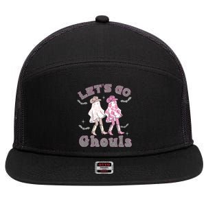 Lets Go Ghouls Witch Ghost Halloween Spooky Season Cow Gift 7 Panel Mesh Trucker Snapback Hat