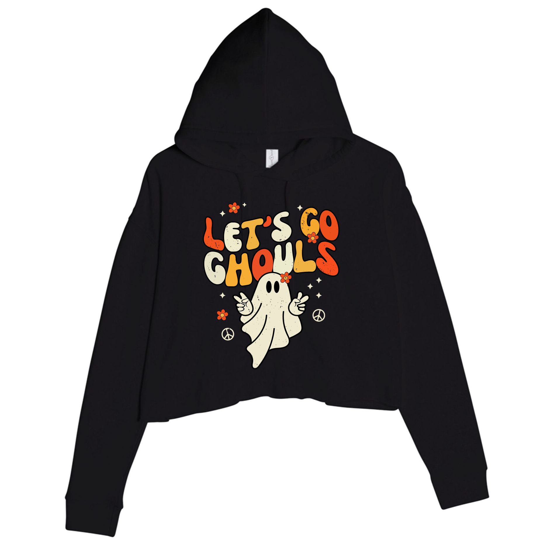 Lets Go Ghouls Ghost Retro Halloween Costume Crop Fleece Hoodie
