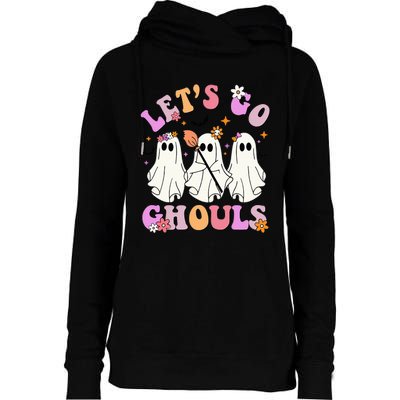 Lets Go Ghouls Halloween Ghost Outfit Costume Retro Groovy Womens Funnel Neck Pullover Hood