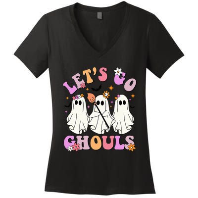 Lets Go Ghouls Halloween Ghost Outfit Costume Retro Groovy Women's V-Neck T-Shirt