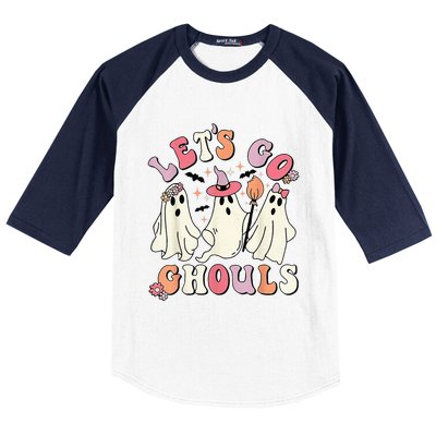 Lets Go Ghouls Halloween Ghost Outfit Costume Retro Groovy Baseball Sleeve Shirt