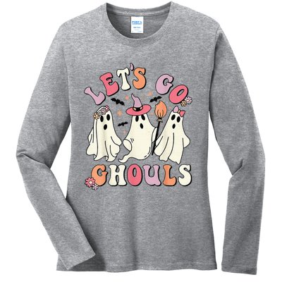 Lets Go Ghouls Halloween Ghost Outfit Costume Retro Groovy Ladies Long Sleeve Shirt