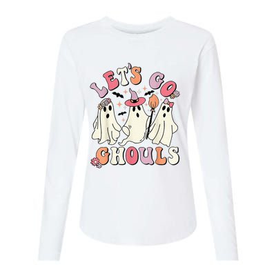 Lets Go Ghouls Halloween Ghost Outfit Costume Retro Groovy Womens Cotton Relaxed Long Sleeve T-Shirt