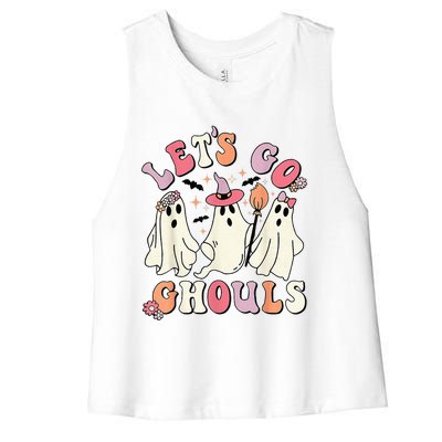 Lets Go Ghouls Halloween Ghost Outfit Costume Retro Groovy Women's Racerback Cropped Tank