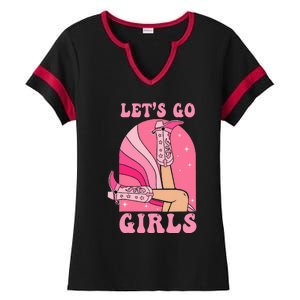 Lets Go Girl Western Cowgirls Pink Groovy Bachelorette Ladies Halftime Notch Neck Tee