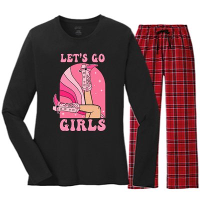 Lets Go Girl Western Cowgirls Pink Groovy Bachelorette Women's Long Sleeve Flannel Pajama Set 