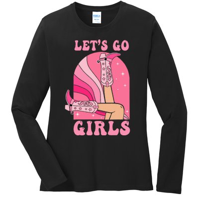 Lets Go Girl Western Cowgirls Pink Groovy Bachelorette Ladies Long Sleeve Shirt