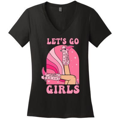 Lets Go Girl Western Cowgirls Pink Groovy Bachelorette Women's V-Neck T-Shirt