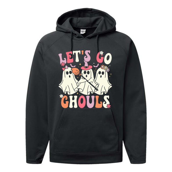 Lets Go Ghouls Halloween Ghost Costume Retro Groovy Performance Fleece Hoodie