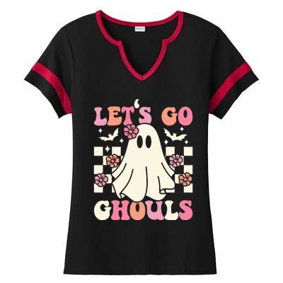 Lets Go Ghouls Halloween Ghost Costume Retro Groovy Ladies Halftime Notch Neck Tee