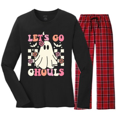 Lets Go Ghouls Halloween Ghost Costume Retro Groovy Women's Long Sleeve Flannel Pajama Set 