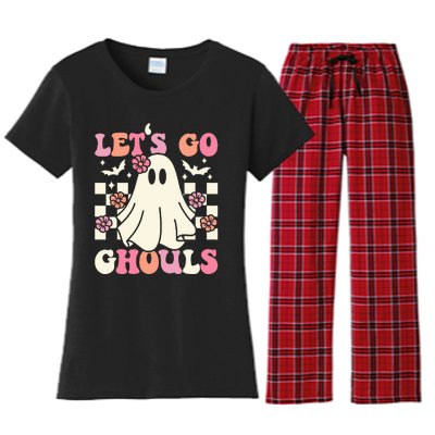 Lets Go Ghouls Halloween Ghost Costume Retro Groovy Women's Flannel Pajama Set