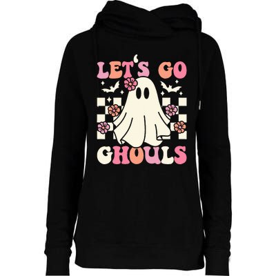 Lets Go Ghouls Halloween Ghost Costume Retro Groovy Womens Funnel Neck Pullover Hood