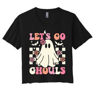 Lets Go Ghouls Halloween Ghost Costume Retro Groovy Women's Crop Top Tee