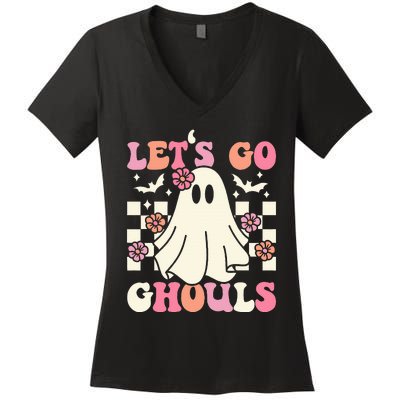 Lets Go Ghouls Halloween Ghost Costume Retro Groovy Women's V-Neck T-Shirt