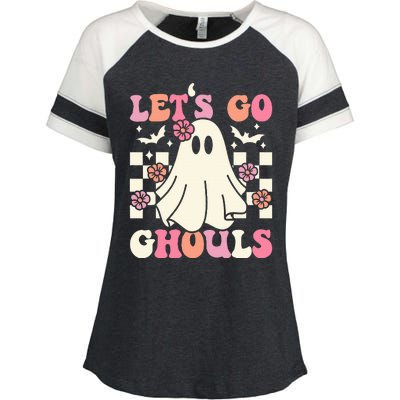 Lets Go Ghouls Halloween Ghost Costume Retro Groovy Enza Ladies Jersey Colorblock Tee