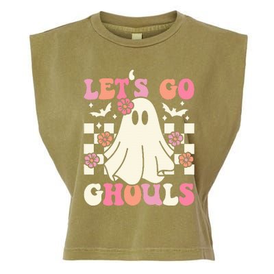 Lets Go Ghouls Halloween Ghost Costume Retro Groovy Garment-Dyed Women's Muscle Tee