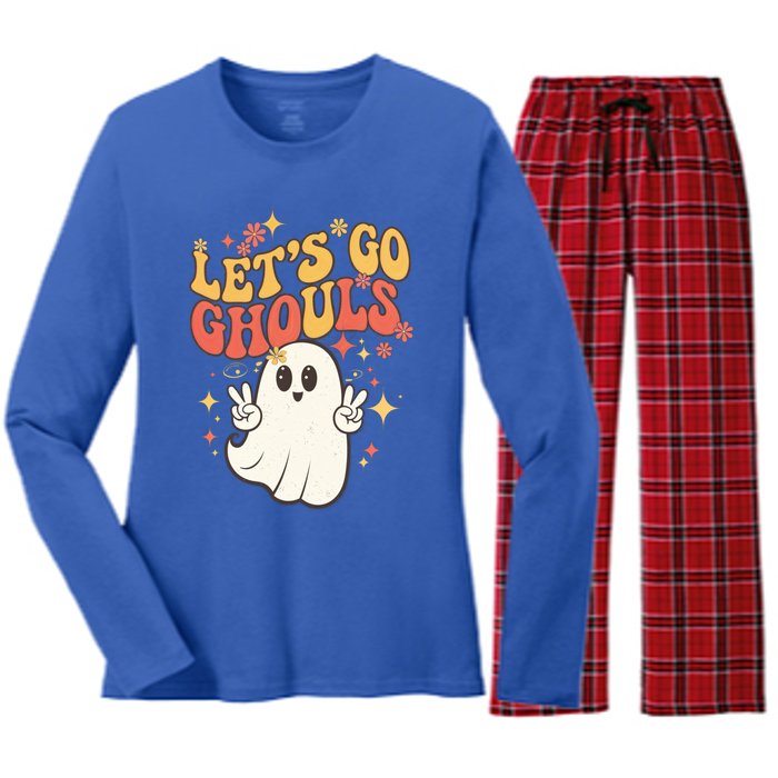 Lets Go Ghouls Ghost Cartoon Halloween Spooky Fun Gift Women's Long Sleeve Flannel Pajama Set 