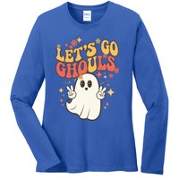 Lets Go Ghouls Ghost Cartoon Halloween Spooky Fun Gift Ladies Long Sleeve Shirt