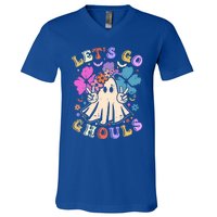 Lets Go Ghouls Halloween Design Retro Cute Boo Ghost Gift V-Neck T-Shirt