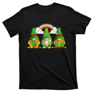 Lucky Gnomes Holding Shamrock Clover And Horseshoe Rainbow T-Shirt