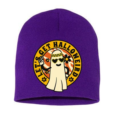Let's Get Halloweird 60s Hippie Ghost Halloween Short Acrylic Beanie