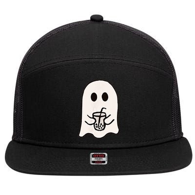 Little Ghost Ice Coffee Happy Halloween 7 Panel Mesh Trucker Snapback Hat