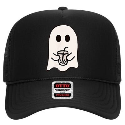 Little Ghost Ice Coffee Happy Halloween High Crown Mesh Back Trucker Hat