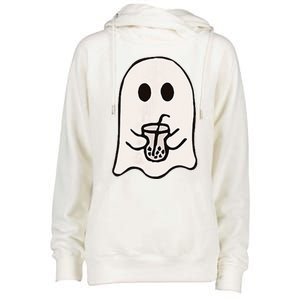 Little Ghost Ice Coffee Happy Halloween Womens Funnel Neck Pullover Hood