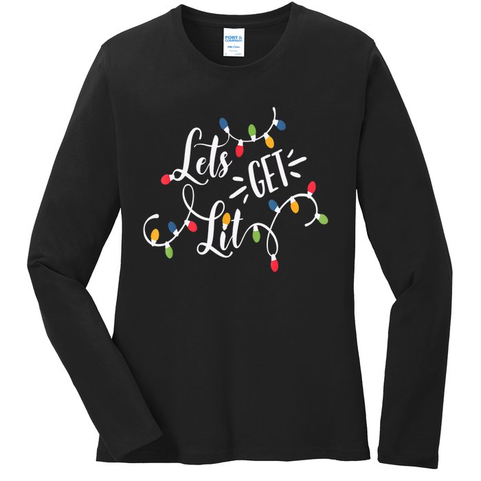 Let's Get Lit Funny Christmas Lights Xmas Maching Pijama TShirt Ladies Long Sleeve Shirt