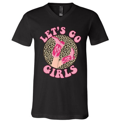 Lets Go Leopard Cowgirl Boots Bachelorette Party V-Neck T-Shirt