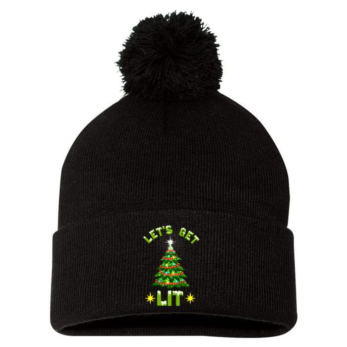 Lets Get Lit Funny Christmas Tree Lights Pom Pom 12in Knit Beanie