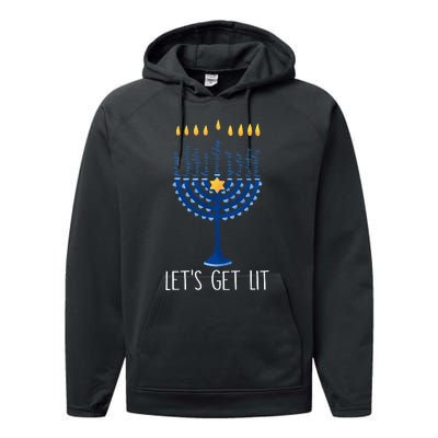 Lets Get Lit Happy Hanukkah Menorah Jewish  Performance Fleece Hoodie