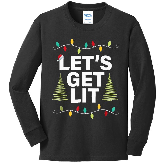 Let's Get Lit Funny Christmas Drinking Xmas Lights Kids Long Sleeve Shirt