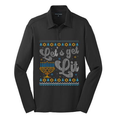 Let's Get Lit Hanukkah Menorah Funny Ugly Christmas Silk Touch Performance Long Sleeve Polo