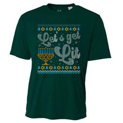 Let's Get Lit Hanukkah Menorah Funny Ugly Christmas Cooling Performance Crew T-Shirt