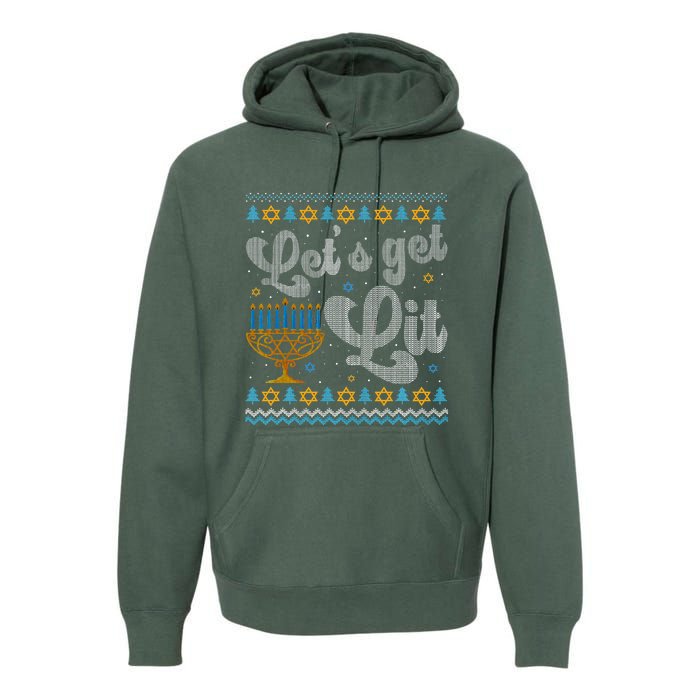 Let's Get Lit Hanukkah Menorah Funny Ugly Christmas Premium Hoodie