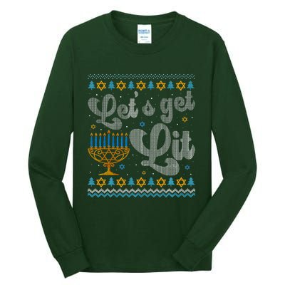 Let's Get Lit Hanukkah Menorah Funny Ugly Christmas Tall Long Sleeve T-Shirt